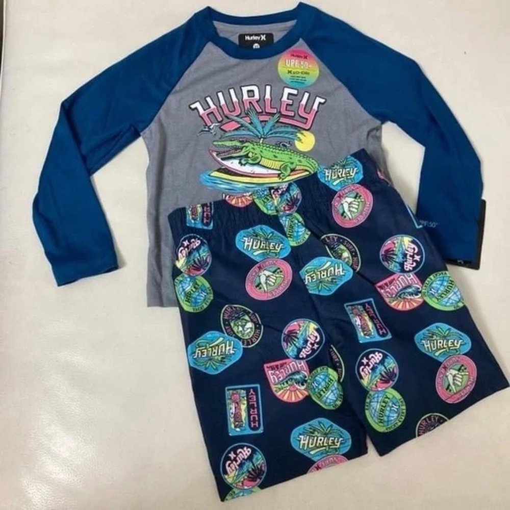 Hurley 2 pieces long sleeve beach palm active shorts set 8007 - Picture 2 of 6